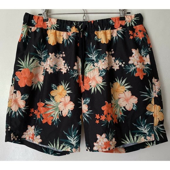 ASOS Other - ASOS Mens Swim Shorts Sz XL Orange Tropical Floral Mesh Lined Pockets Mid Length